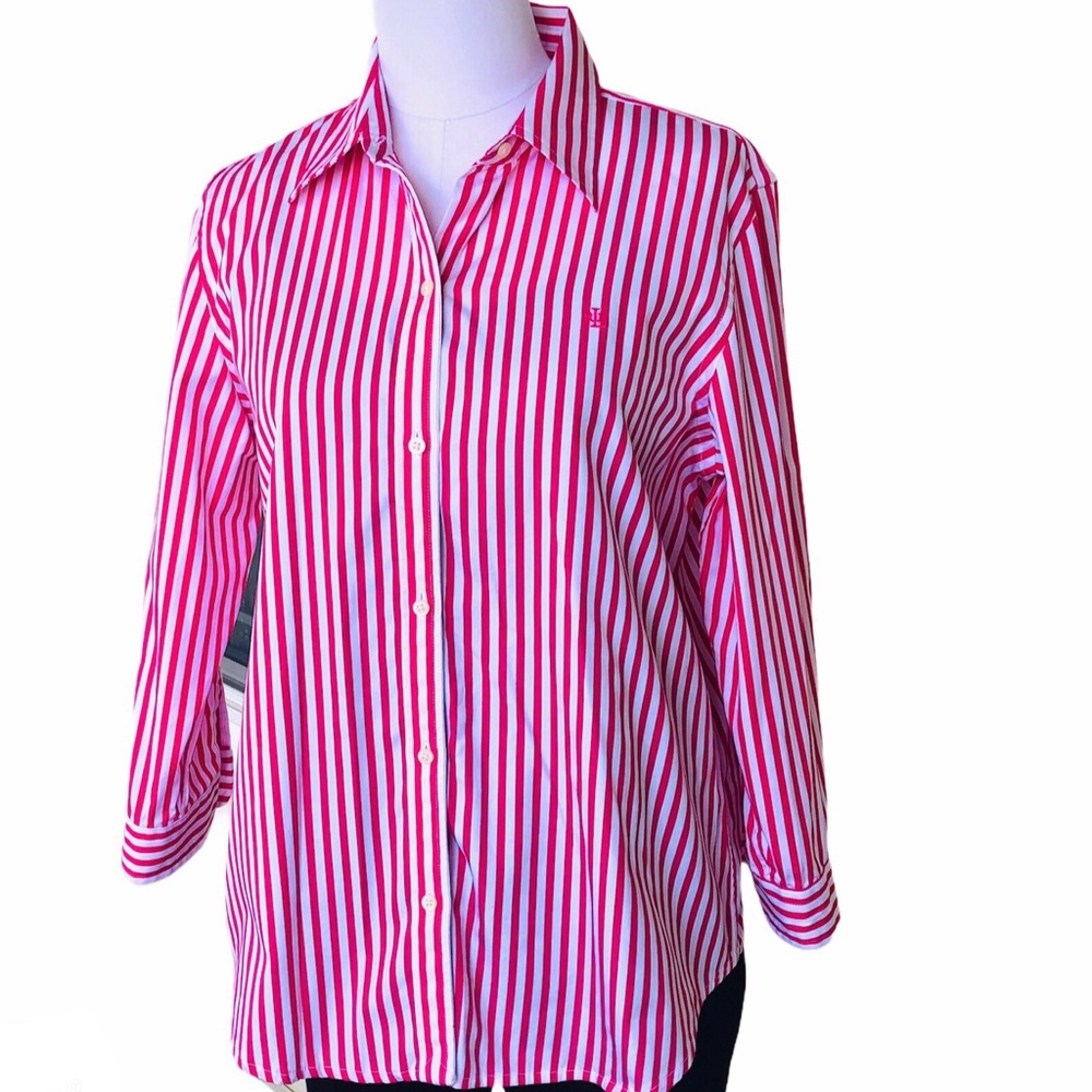 Lauren Ralph Lauren Pink and White Striped Button-Up Blouse